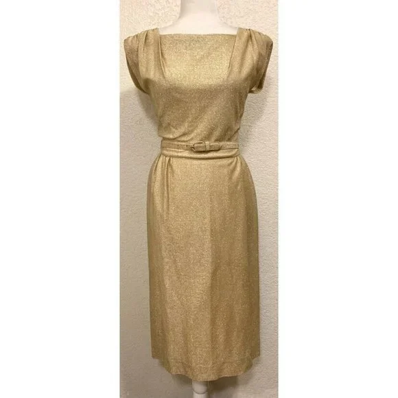 Vintage Dresses | Koret Of California Vintage 60s Gold Sparkle Dress W/ Belt | Color: Cream/Gold | Size: 25w | Leslisshop's Closet